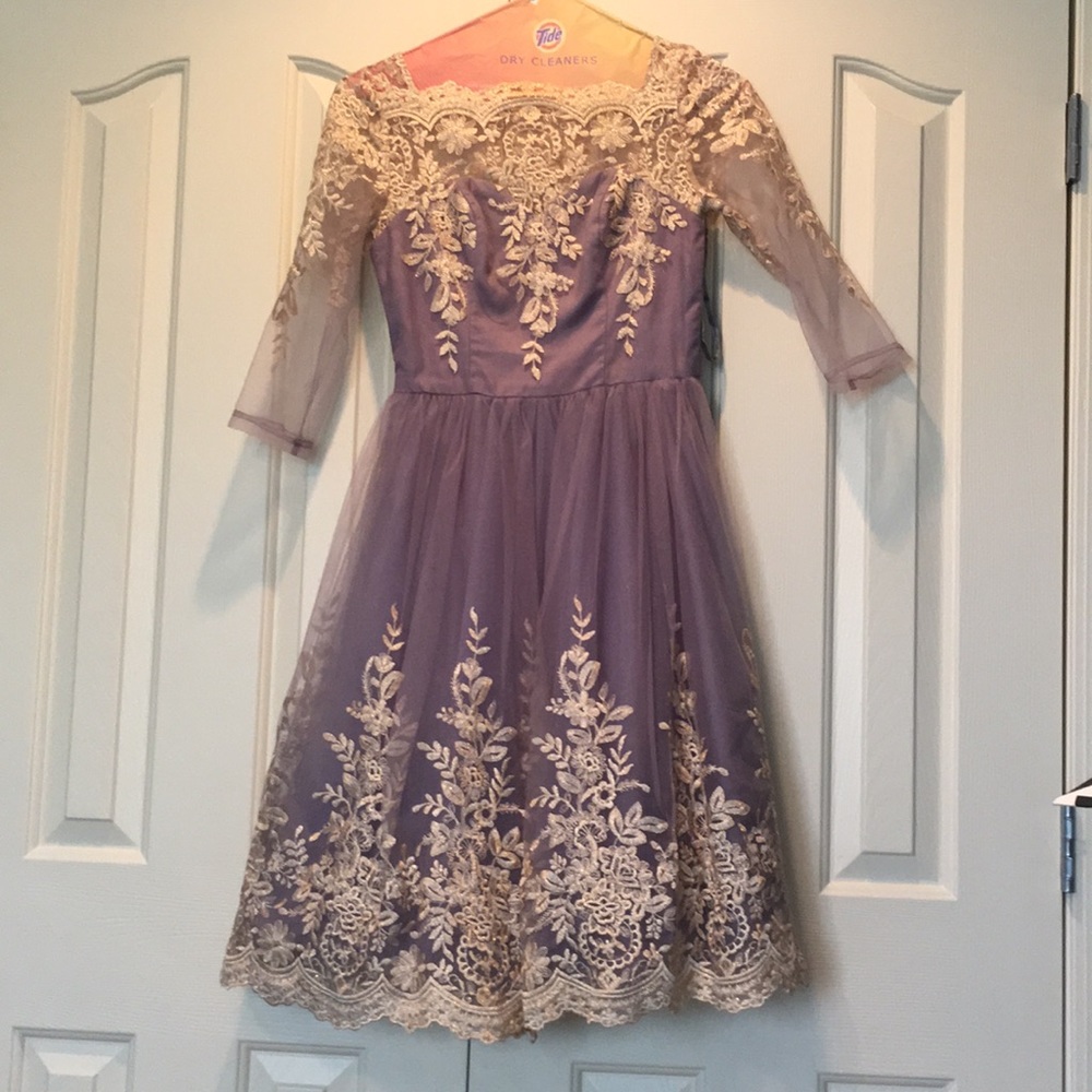 Dusty Purple Formal Dress with Mesh and Gold Lace